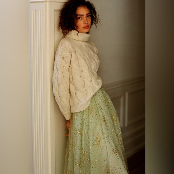 By Anthropologie Sydney Shimmer Tulle Midi Skirt Light Green Gold Glitter Large - Picture 5 of 12
